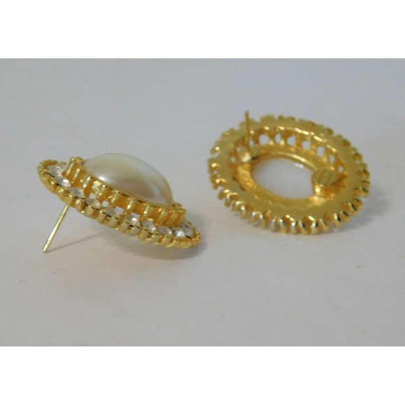 Vintage 1980s Fashion Pierced Earrings Large Oval Faux Pearl Crystals Goldtone - Picture 5 of 7